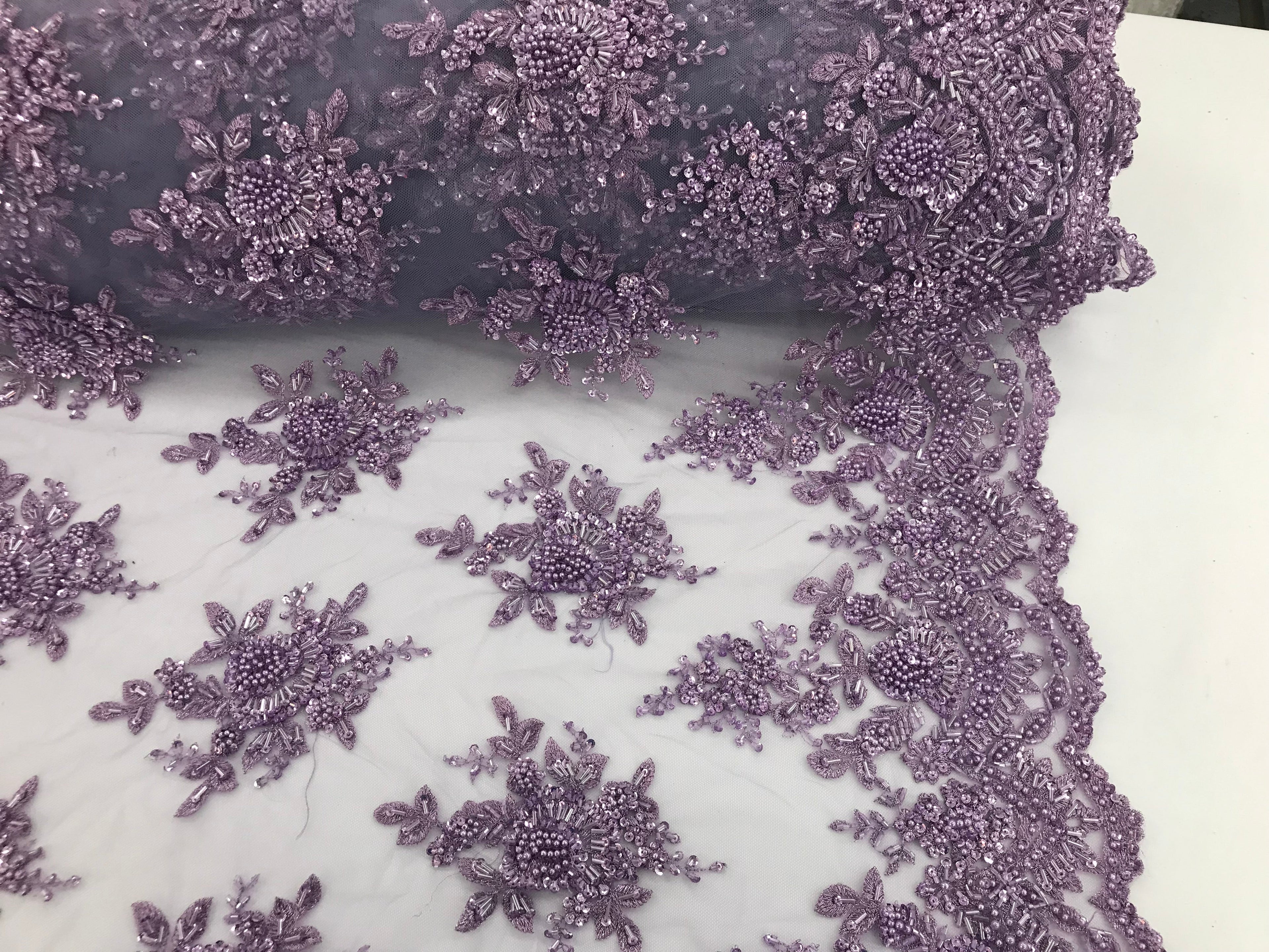 Lilac Hand Beaded Embroidered Floral Fabric Lace Bridal Wedding Designs By The Yard