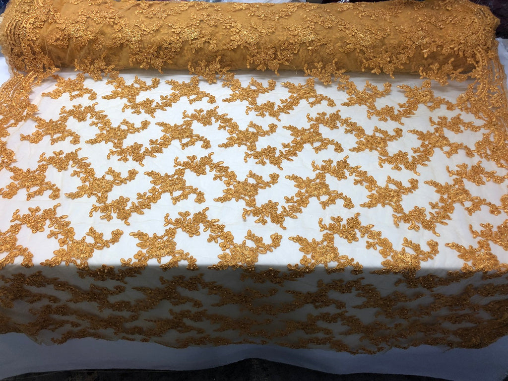 Beaded - Gold - Embroided Small Flower Fabric with Decorated Borders - Sold by The Yard