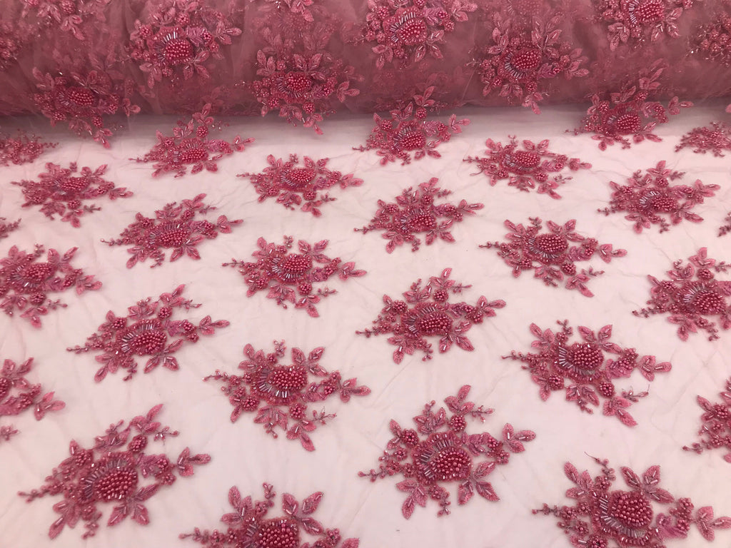 Gum Pink Beaded Embroidered Floral Fabric Lace Bridal Wedding Designs By The Yard