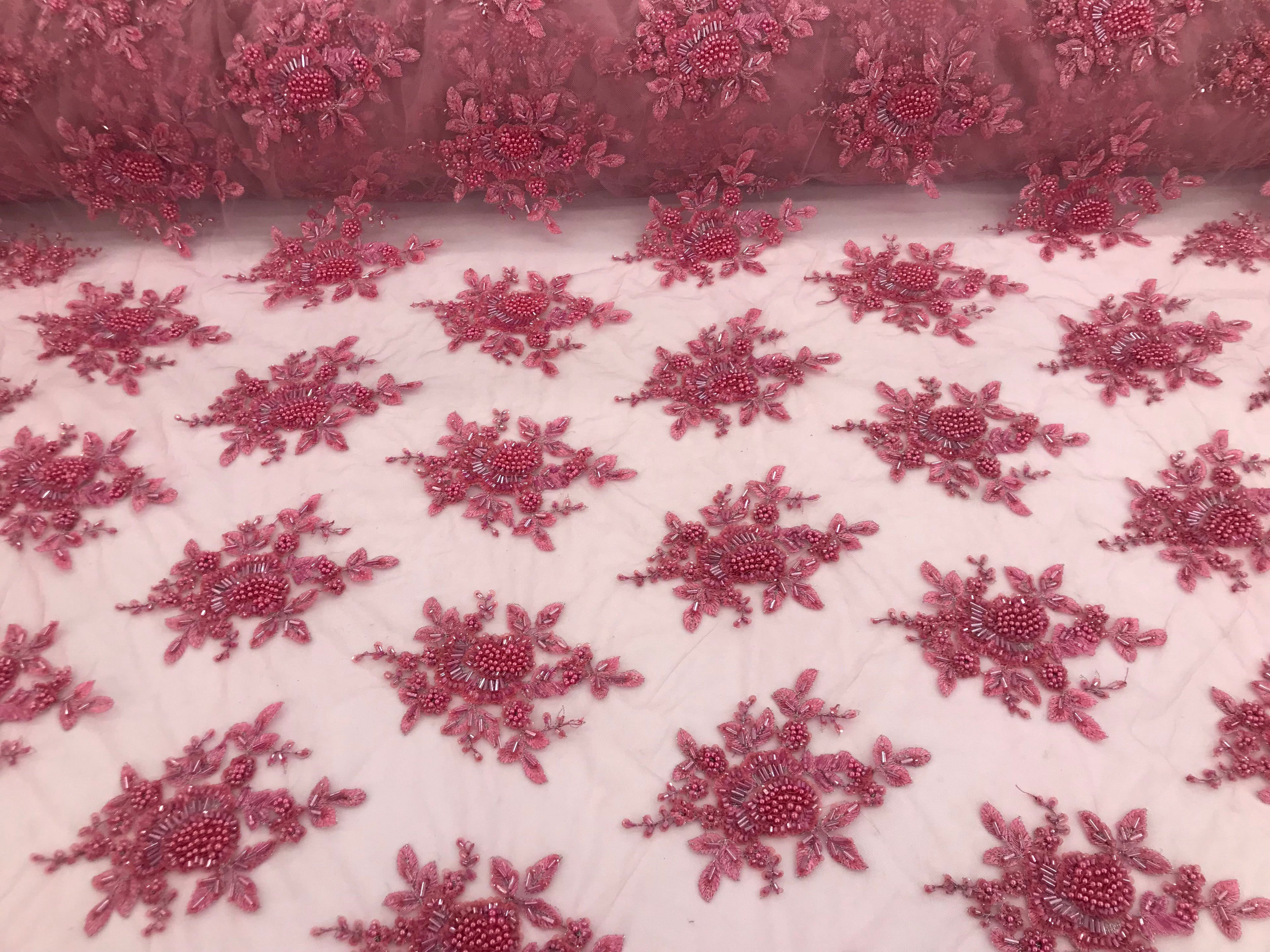 Gum Pink Beaded Embroidered Floral Fabric Lace Bridal Wedding Designs By The Yard