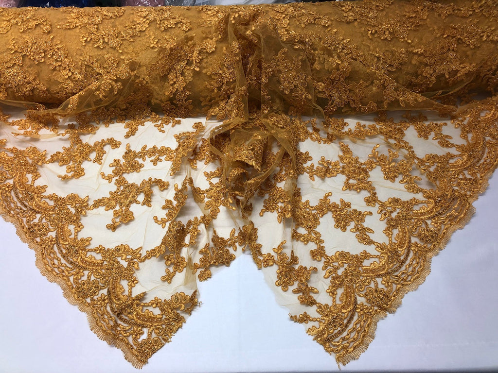 Beaded - Gold - Embroided Small Flower Fabric with Decorated Borders - Sold by The Yard