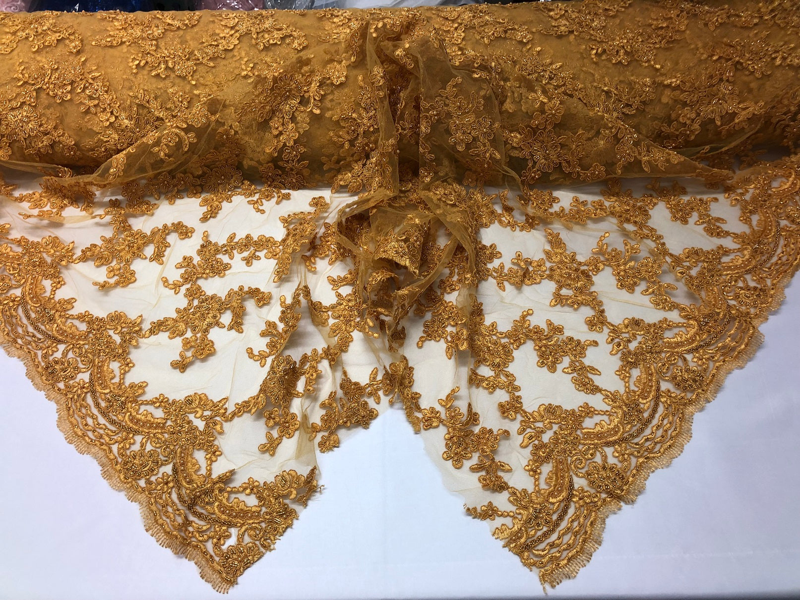Beaded - Gold - Embroided Small Flower Fabric with Decorated Borders - Sold by The Yard