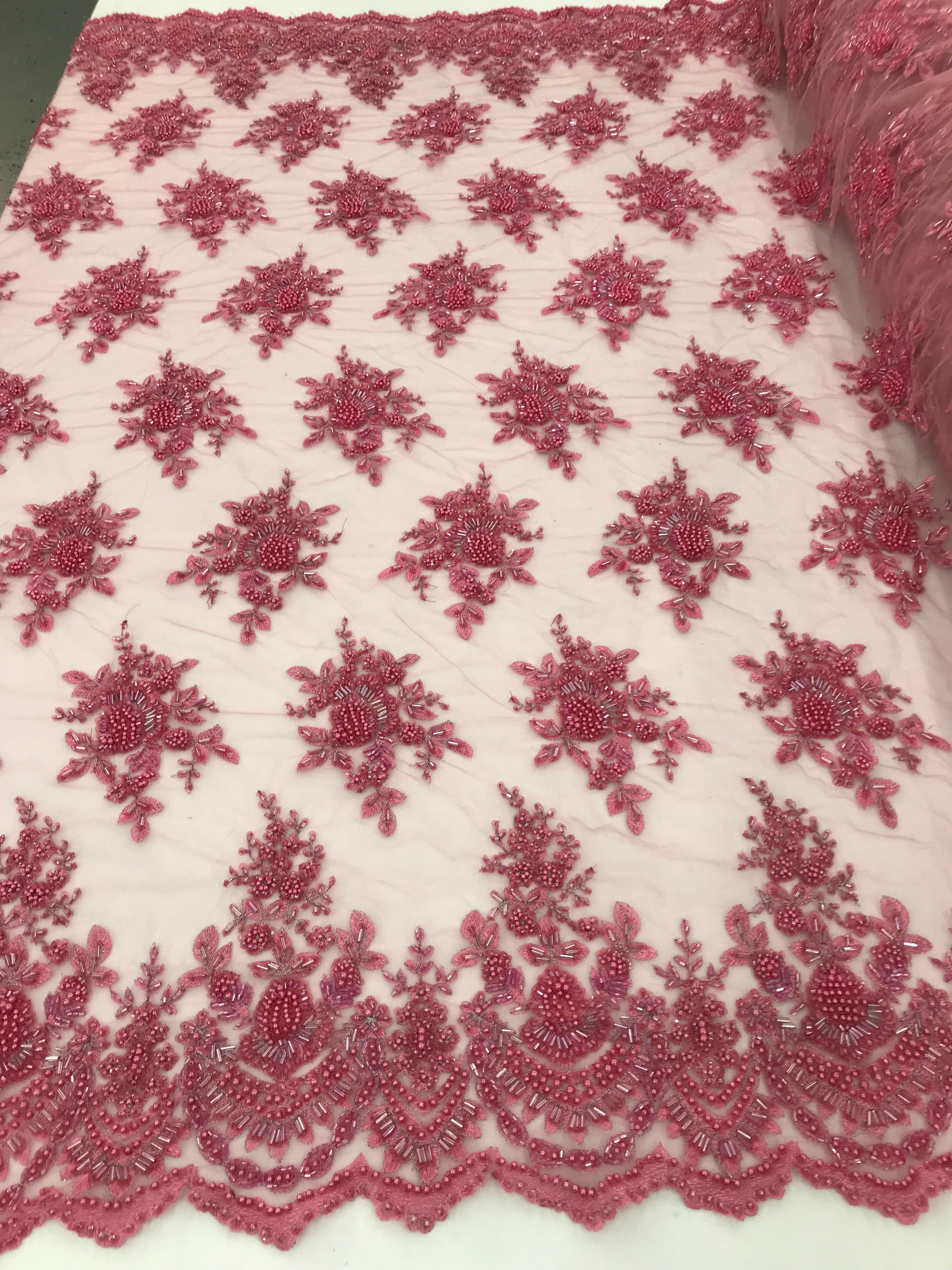 Gum Pink Beaded Embroidered Floral Fabric Lace Bridal Wedding Designs By The Yard