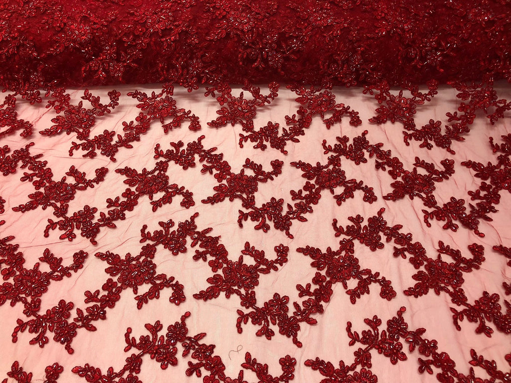 Beaded - Burgundy - Embroided Small Flower Fabric with Decorated Borders - Sold by The Yard