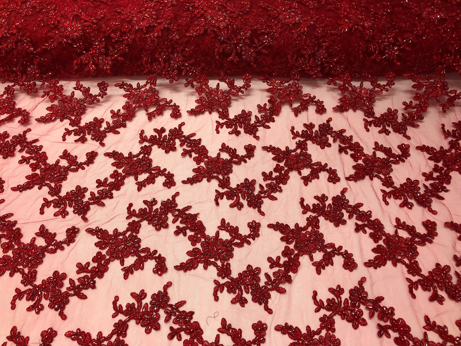 Beaded - Burgundy - Embroided Small Flower Fabric with Decorated Borders - Sold by The Yard