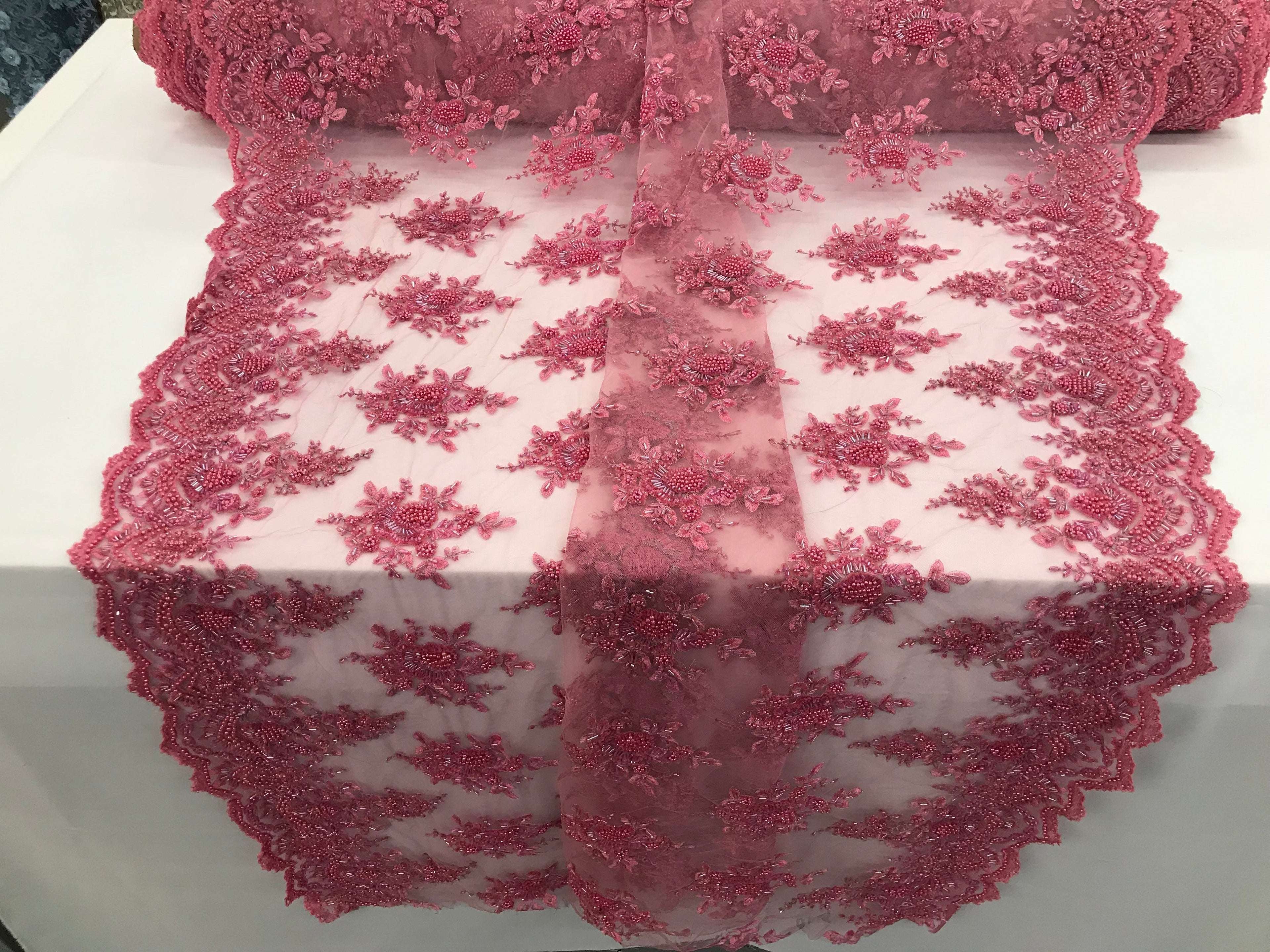 Gum Pink Beaded Embroidered Floral Fabric Lace Bridal Wedding Designs By The Yard