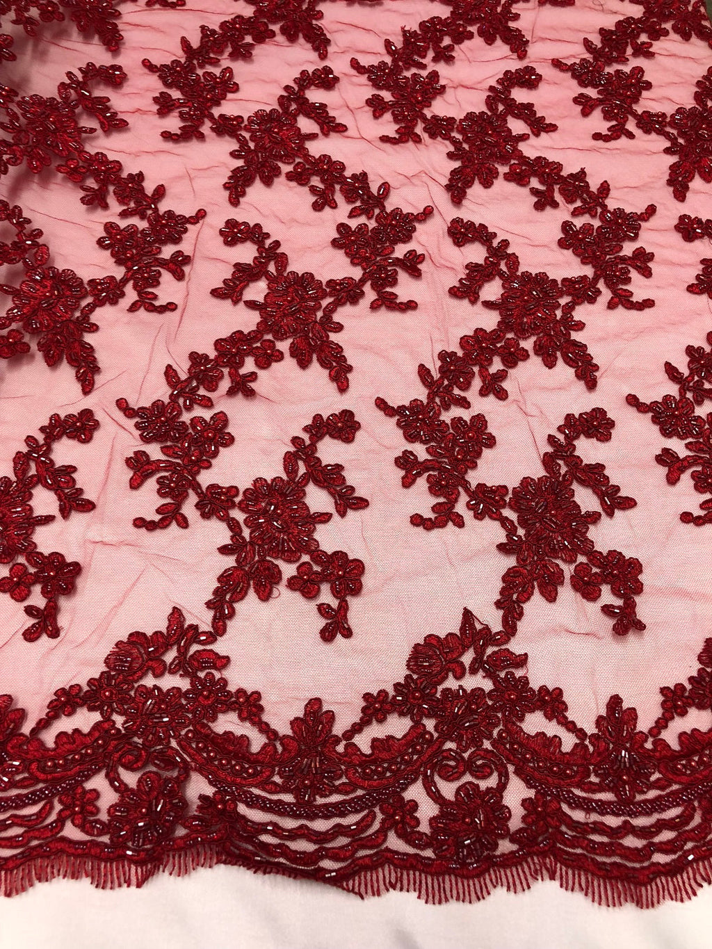 Beaded - Burgundy - Embroided Small Flower Fabric with Decorated Borders - Sold by The Yard