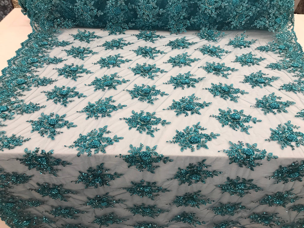 Turquoise Hand Beaded Embroidered Floral Fabric Lace Bridal Wedding Designs By The Yard