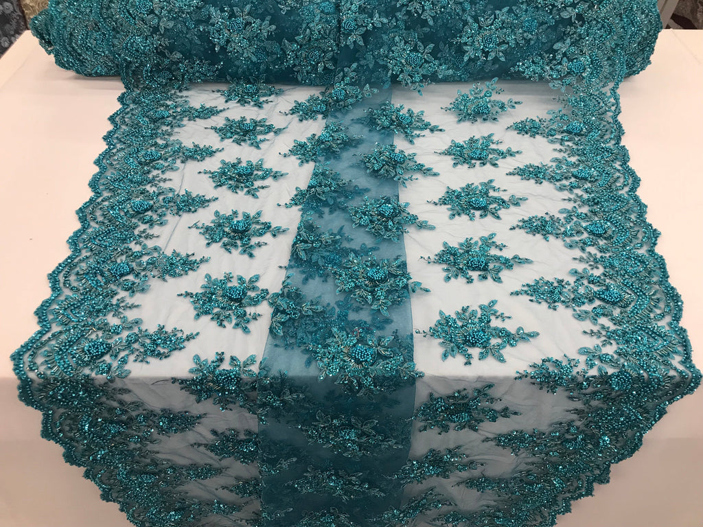 Turquoise Hand Beaded Embroidered Floral Fabric Lace Bridal Wedding Designs By The Yard
