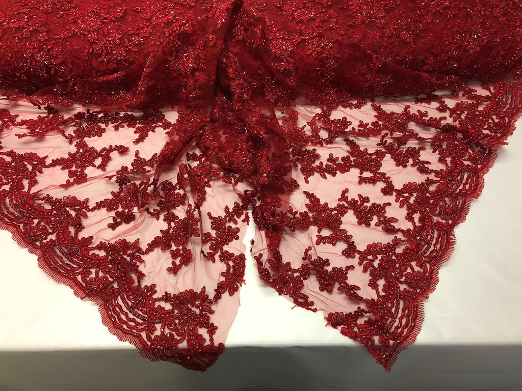 Beaded - Burgundy - Embroided Small Flower Fabric with Decorated Borders - Sold by The Yard