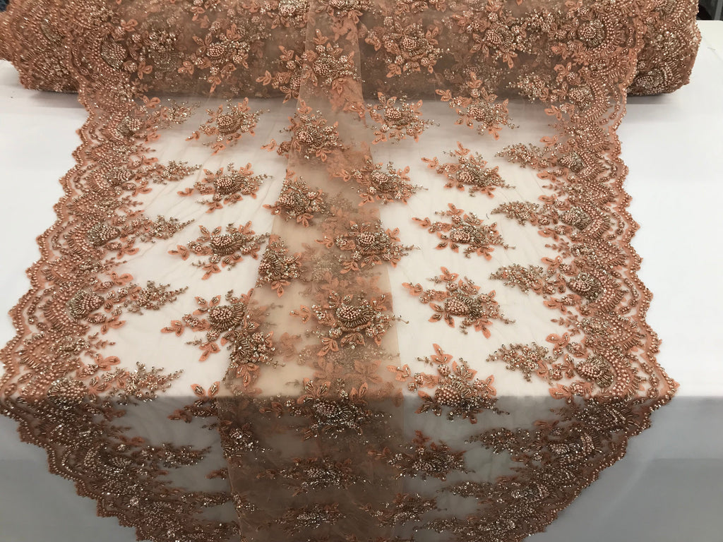Peach Beaded Embroidered Floral Fabric Lace Bridal Wedding Designs By The Yard