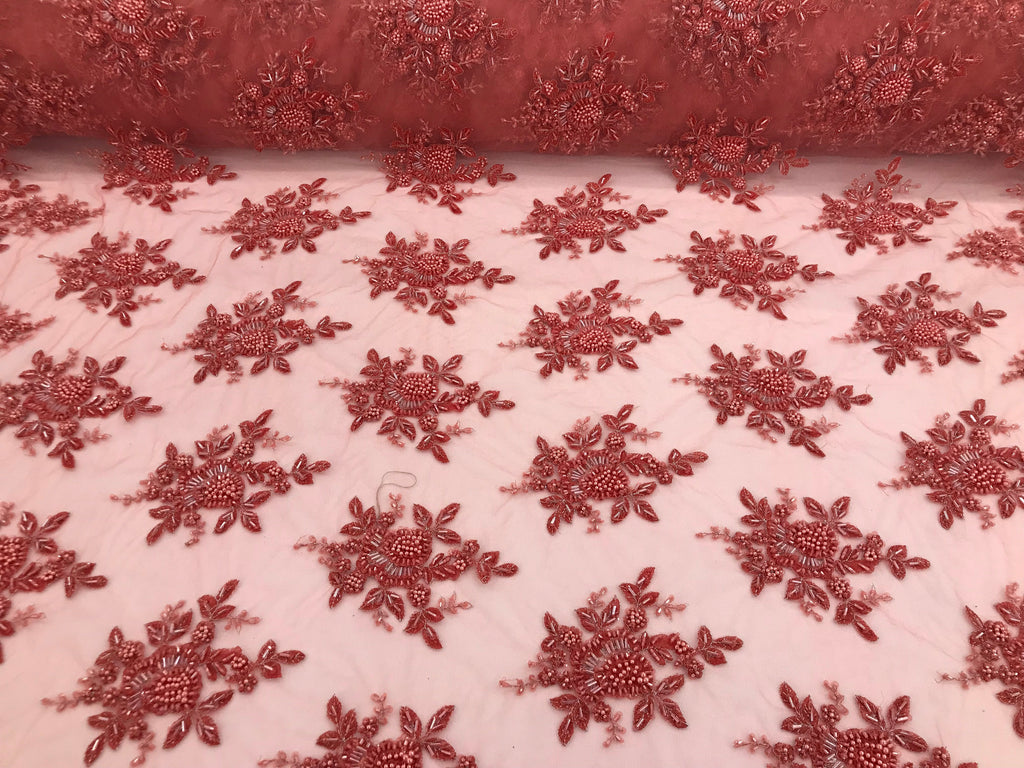 Coral Beaded Embroidered Floral Fabric Lace Bridal Wedding Designs By The Yard