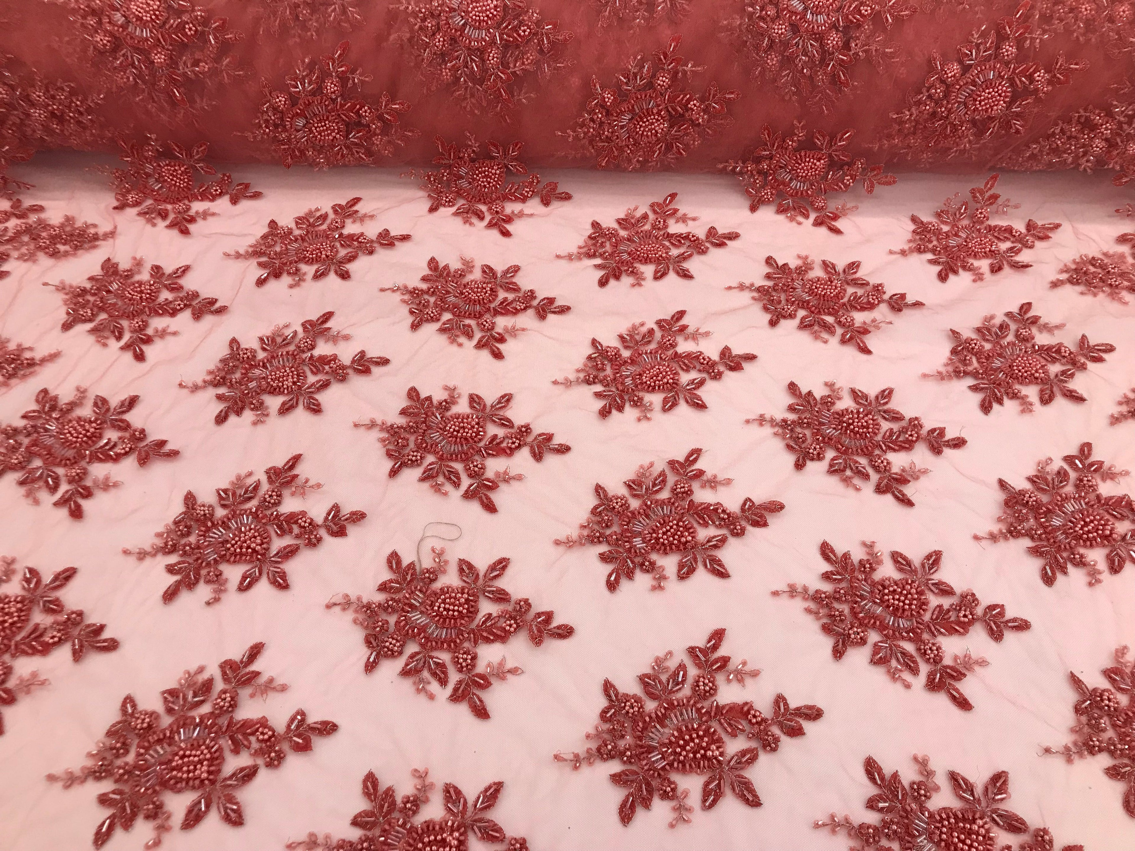 Coral Beaded Embroidered Floral Fabric Lace Bridal Wedding Designs By The Yard