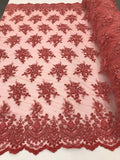 Coral Beaded Embroidered Floral Fabric Lace Bridal Wedding Designs By The Yard