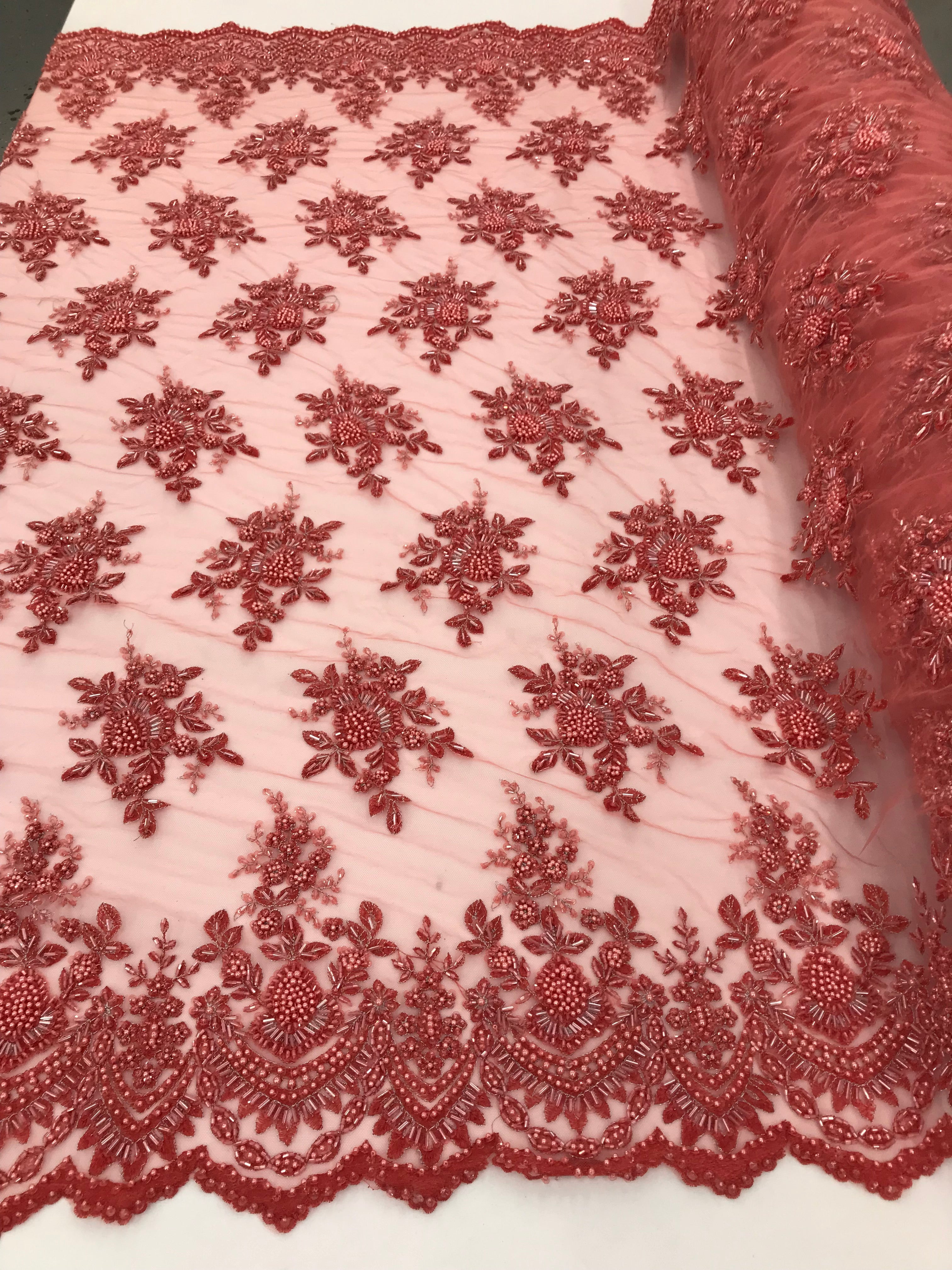 Coral Beaded Embroidered Floral Fabric Lace Bridal Wedding Designs By The Yard