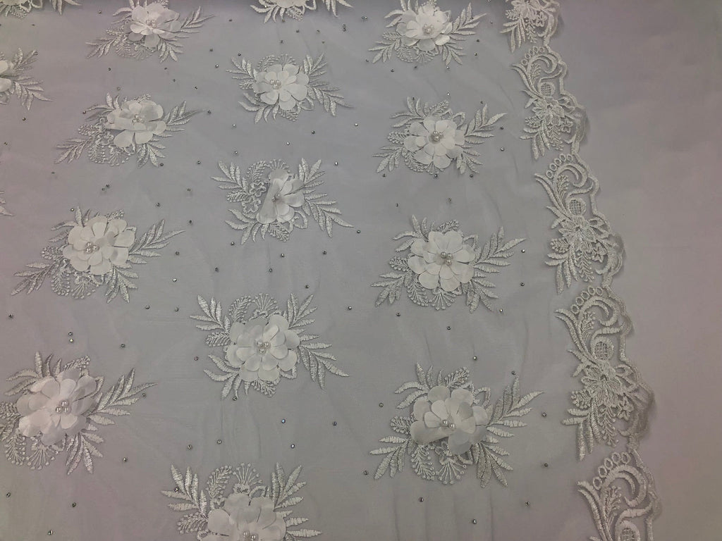3D Embroided Flower Pattern Fabric with Two Tone Leaf Color White  - Elegant 3D Flowers By The Yard