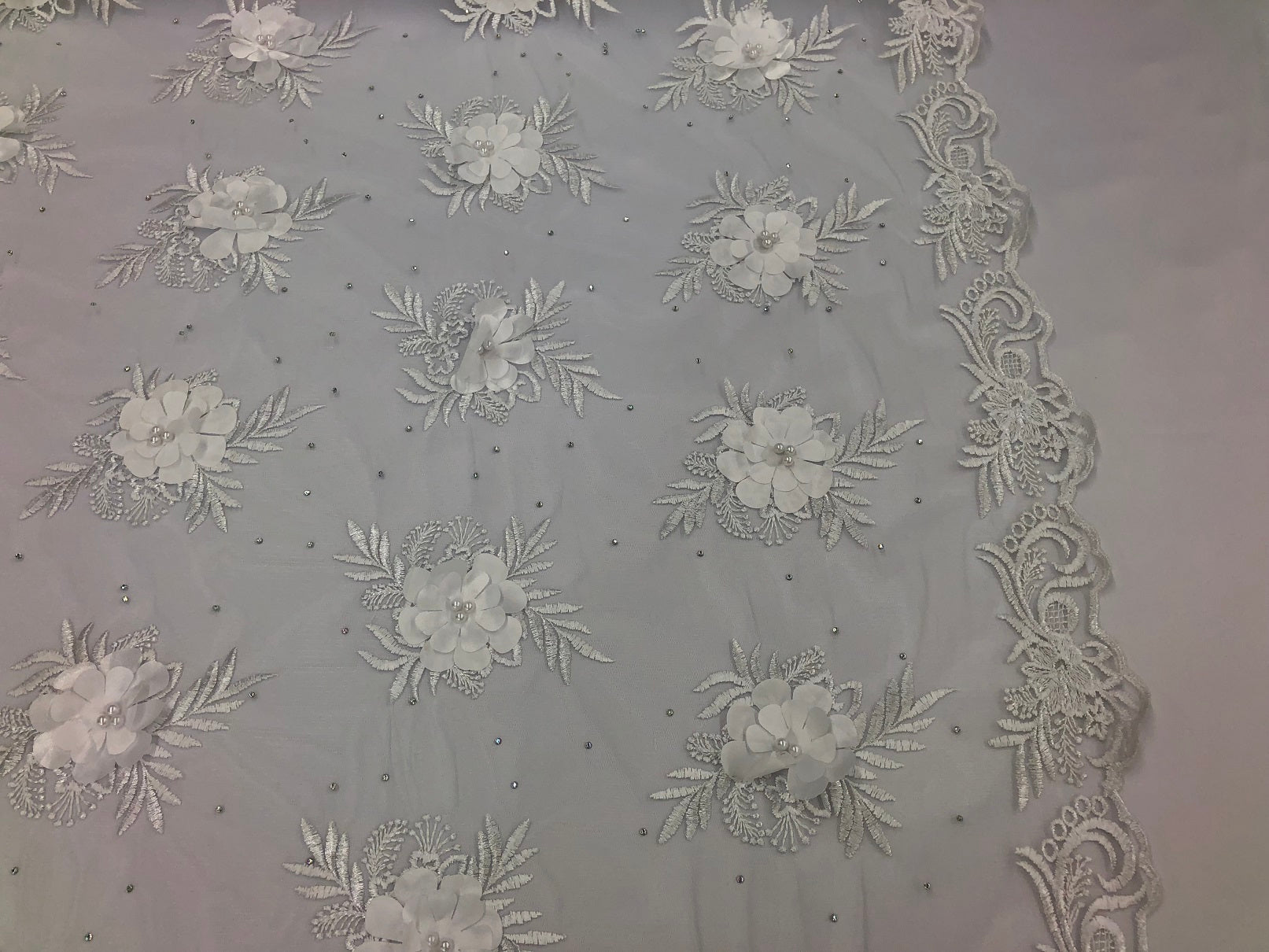 3D Embroided Flower Pattern Fabric with Two Tone Leaf Color White  - Elegant 3D Flowers By The Yard