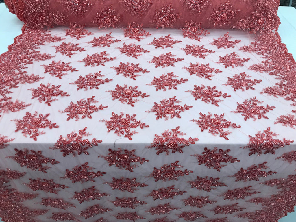 Coral Beaded Embroidered Floral Fabric Lace Bridal Wedding Designs By The Yard