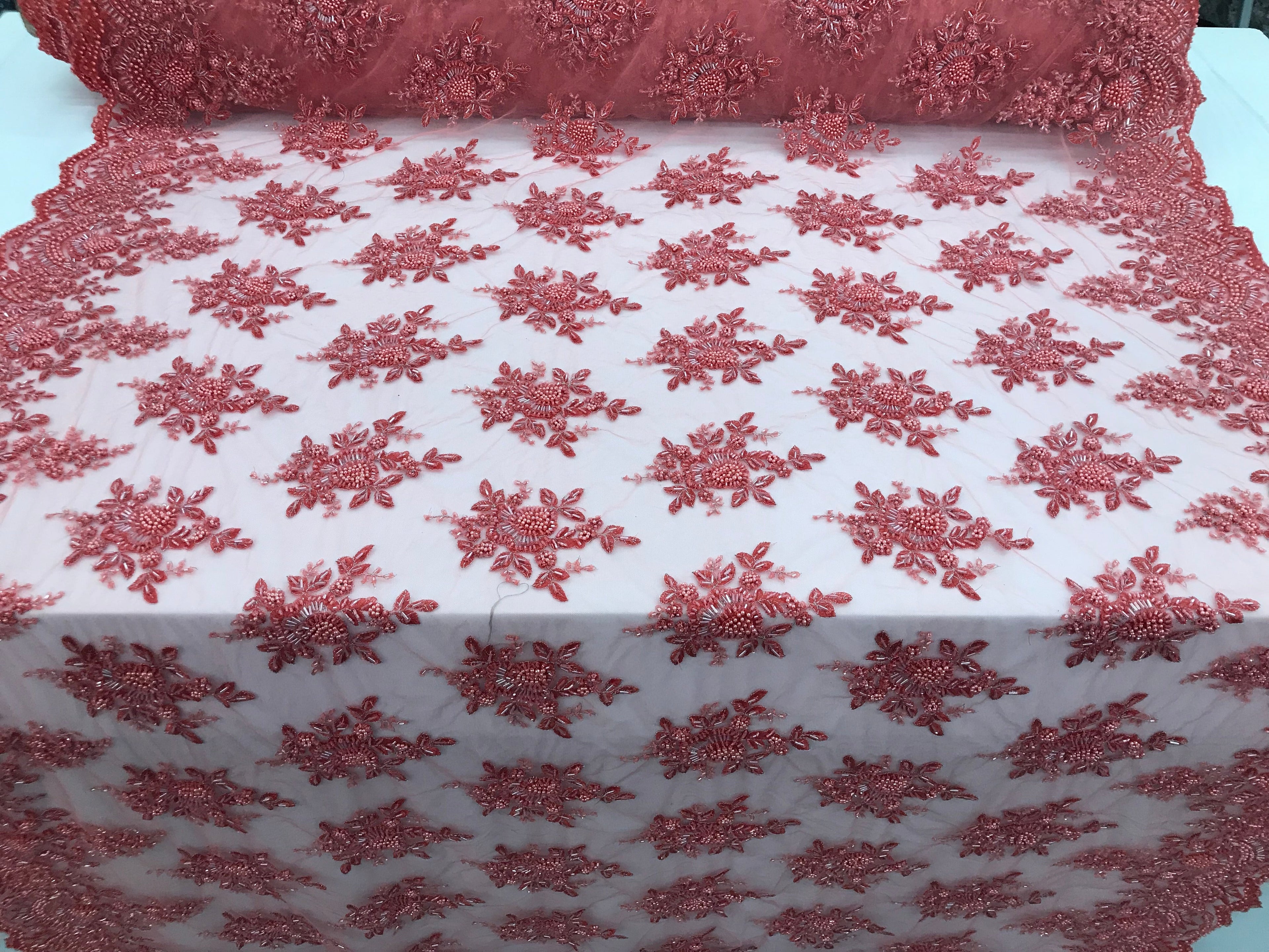 Coral Beaded Embroidered Floral Fabric Lace Bridal Wedding Designs By The Yard