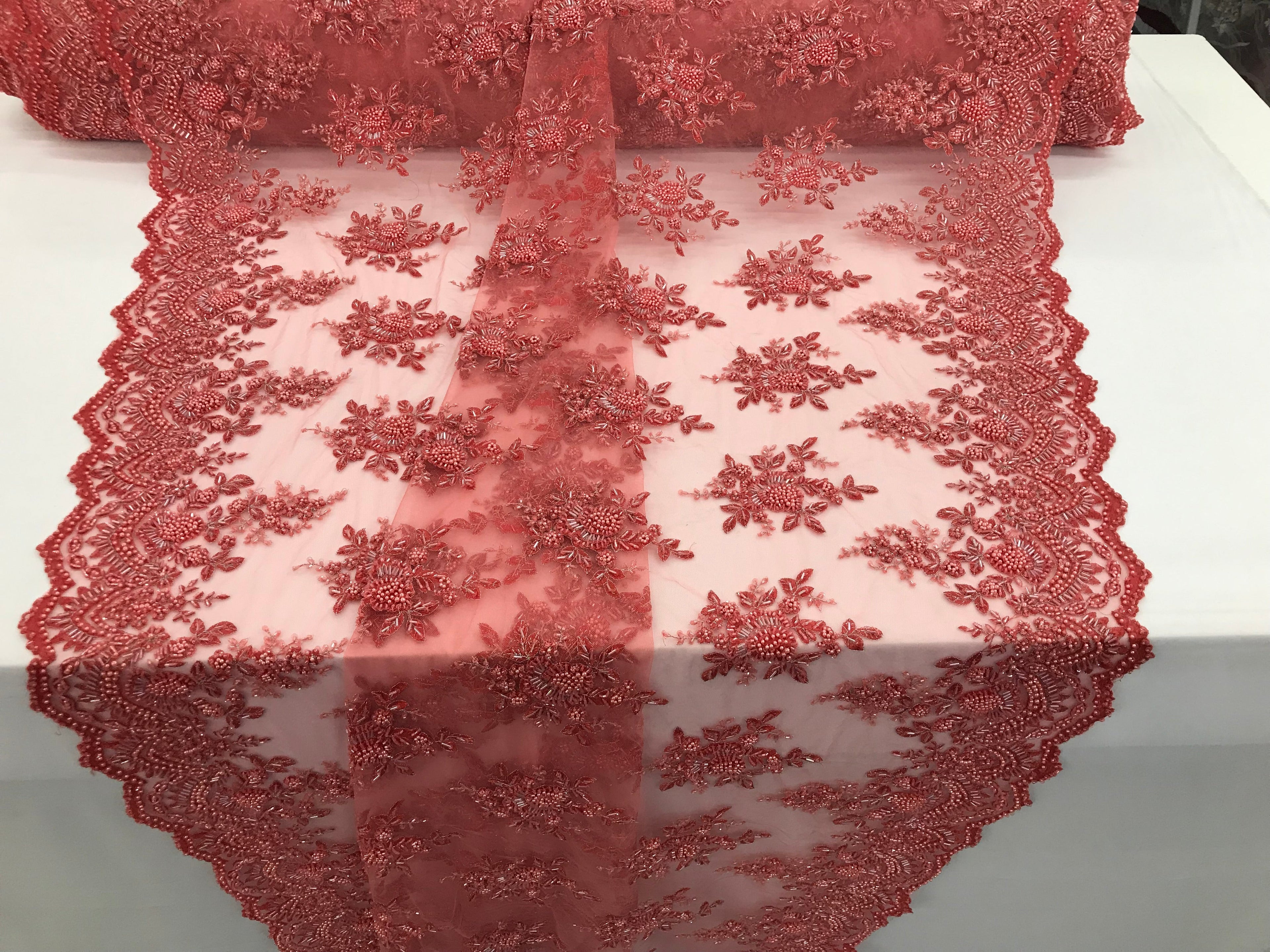 Coral Beaded Embroidered Floral Fabric Lace Bridal Wedding Designs By The Yard