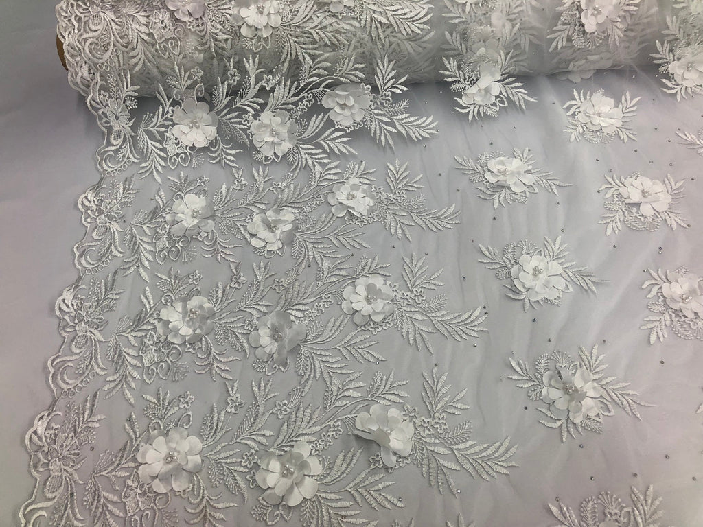 3D Embroided Flower Pattern Fabric with Two Tone Leaf Color White  - Elegant 3D Flowers By The Yard