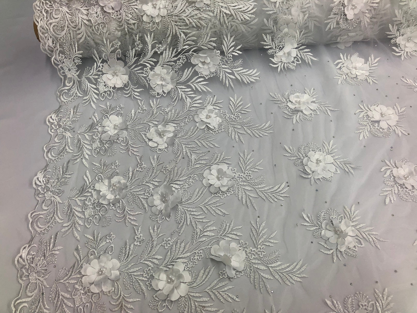 3D Embroided Flower Pattern Fabric with Two Tone Leaf Color White  - Elegant 3D Flowers By The Yard