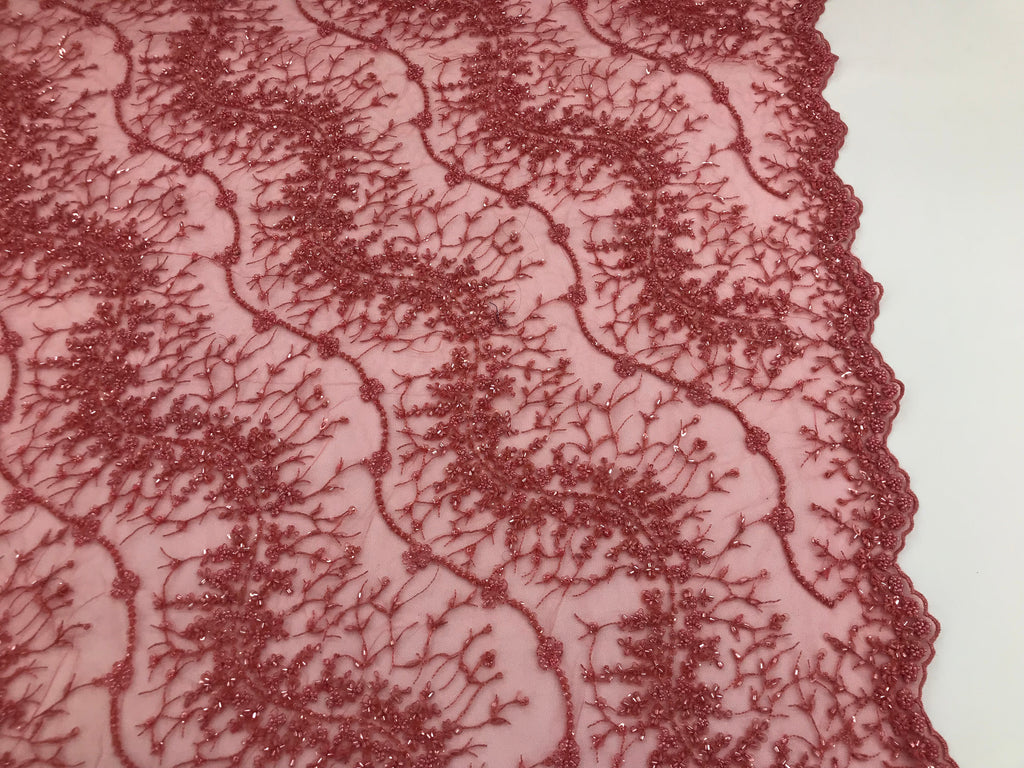 Coral Pink - Beaded Embroidery Wavy Flower Pattern Fabric Lace Elegant Dress Fabric By The Yard