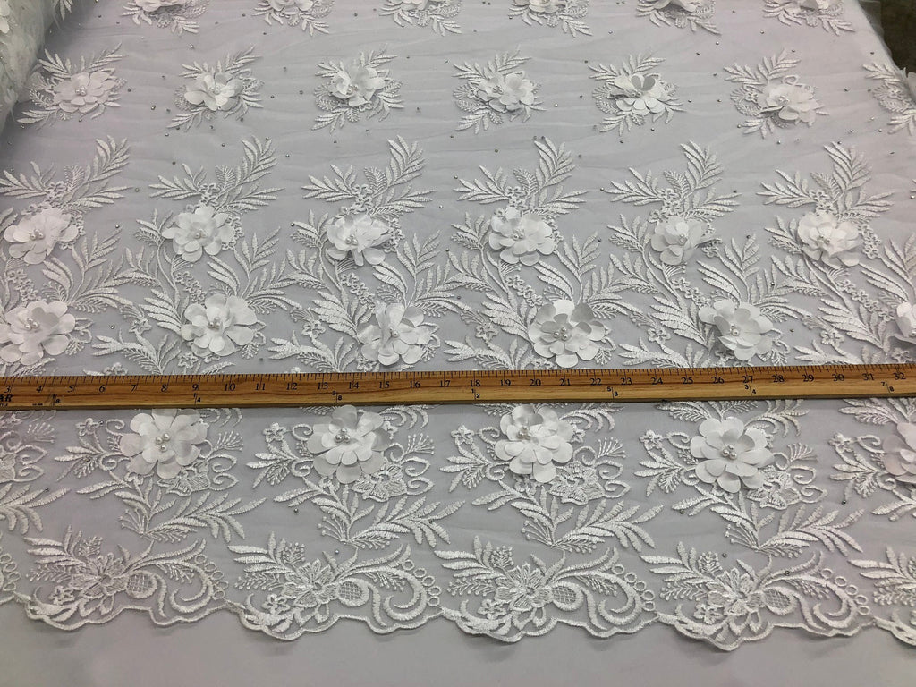 3D Embroided Flower Pattern Fabric with Two Tone Leaf Color White  - Elegant 3D Flowers By The Yard