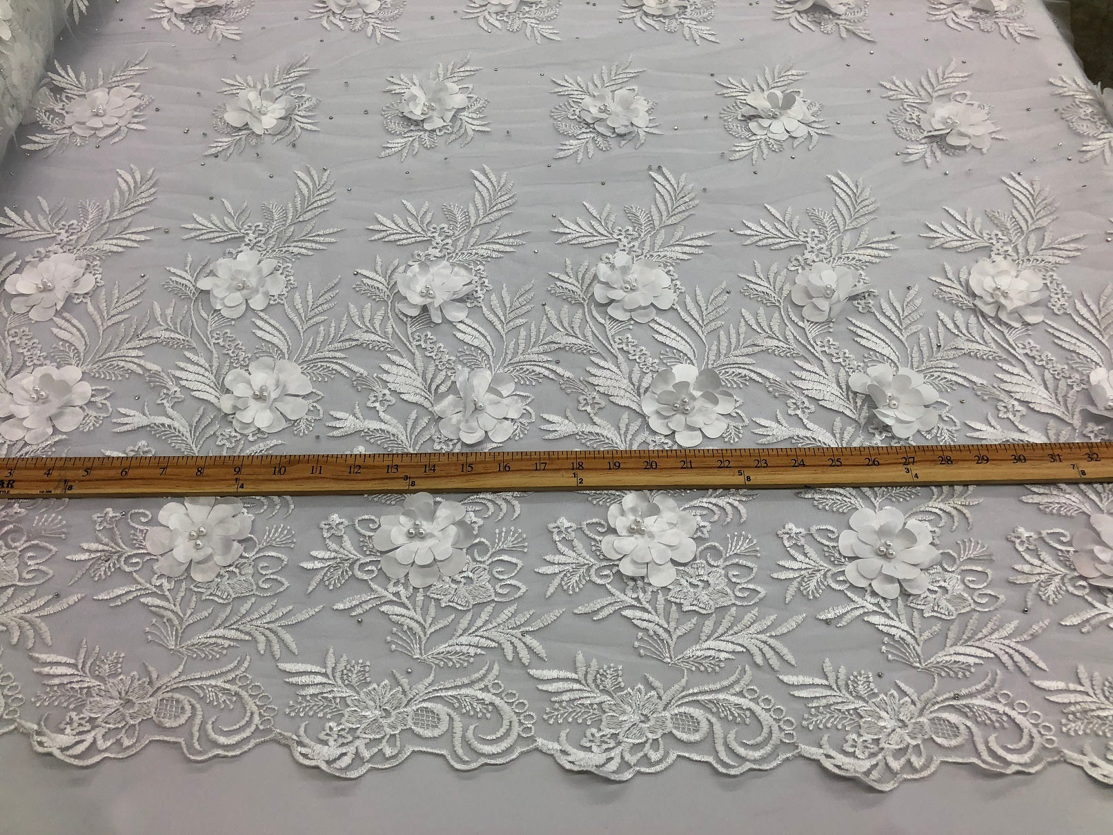 3D Embroided Flower Pattern Fabric with Two Tone Leaf Color White  - Elegant 3D Flowers By The Yard