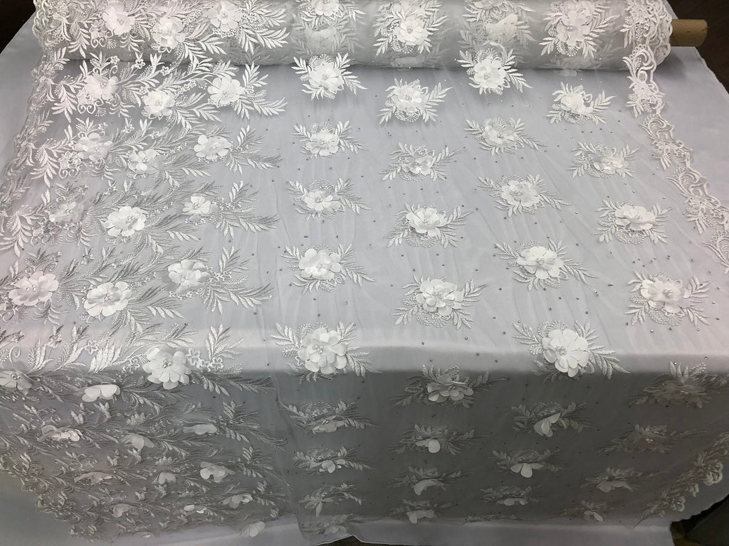 3D Embroided Flower Pattern Fabric with Two Tone Leaf Color White  - Elegant 3D Flowers By The Yard