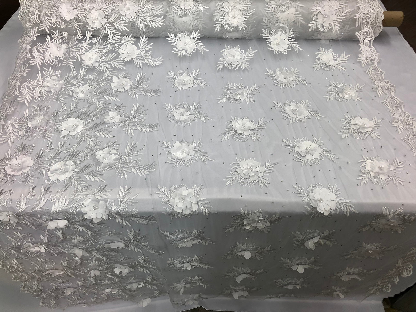 3D Embroided Flower Pattern Fabric with Two Tone Leaf Color White  - Elegant 3D Flowers By The Yard
