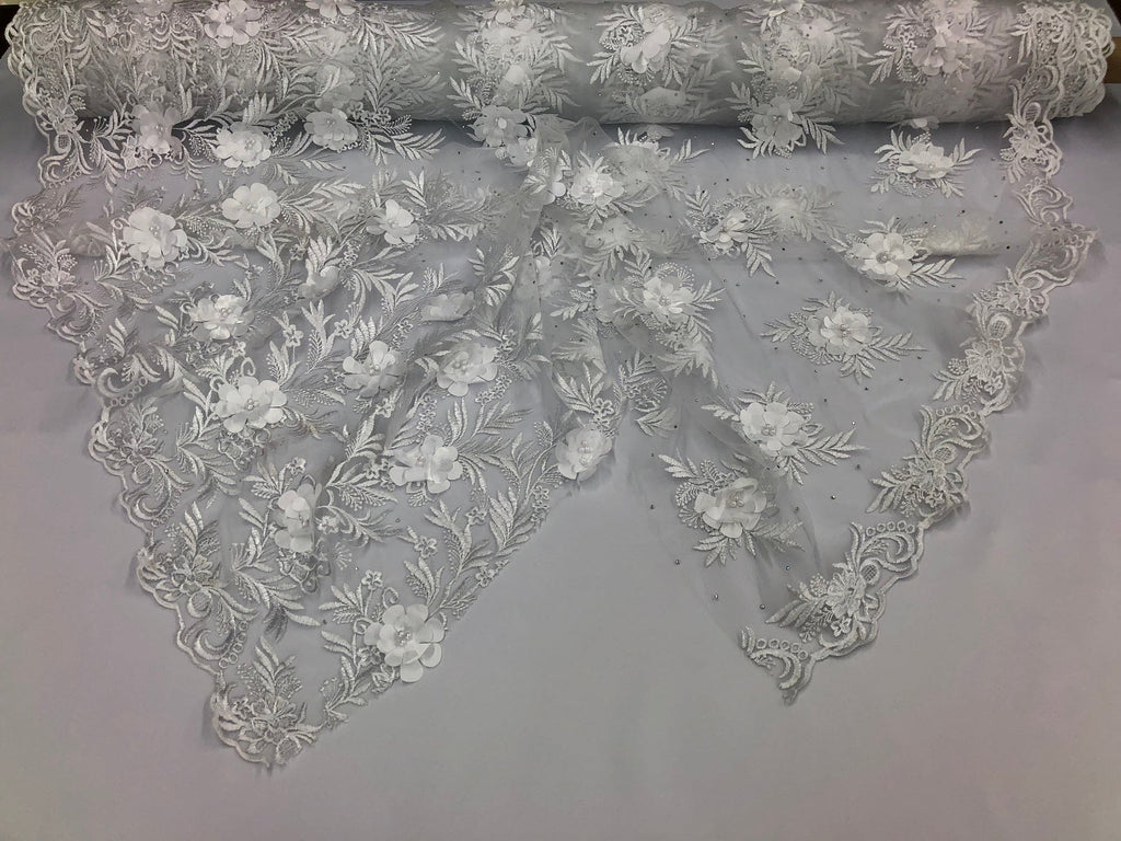 3D Embroided Flower Pattern Fabric with Two Tone Leaf Color White  - Elegant 3D Flowers By The Yard