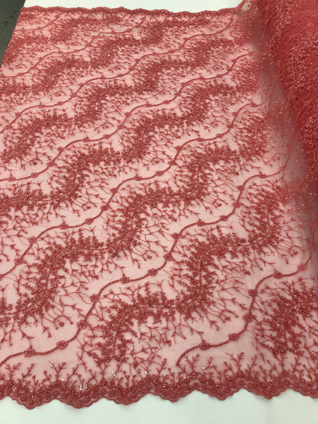 Coral Pink - Beaded Embroidery Wavy Flower Pattern Fabric Lace Elegant Dress Fabric By The Yard