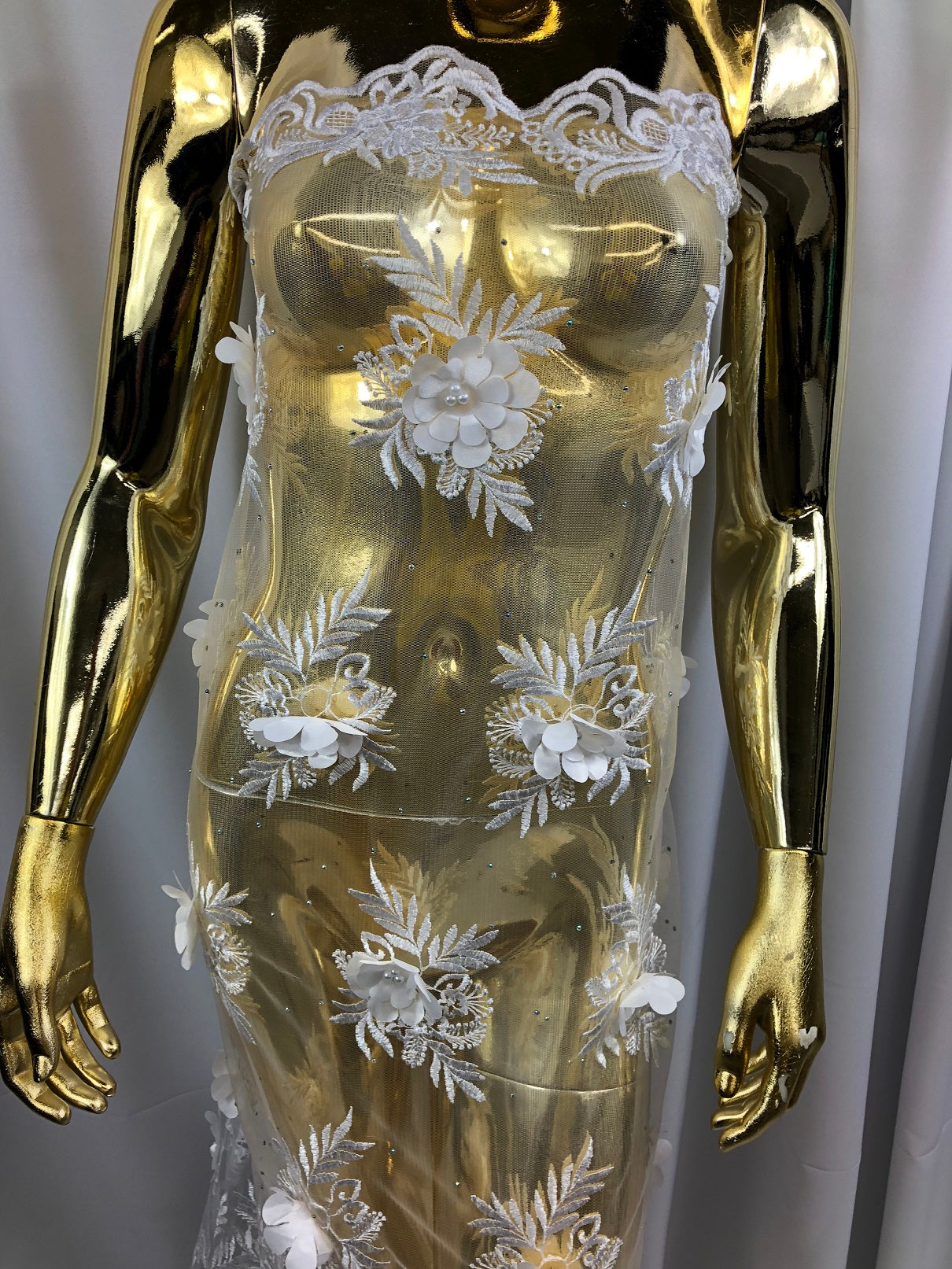 3D Embroided Flower Pattern Fabric with Two Tone Leaf Color White  - Elegant 3D Flowers By The Yard