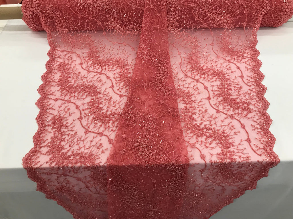 Coral Pink - Beaded Embroidery Wavy Flower Pattern Fabric Lace Elegant Dress Fabric By The Yard