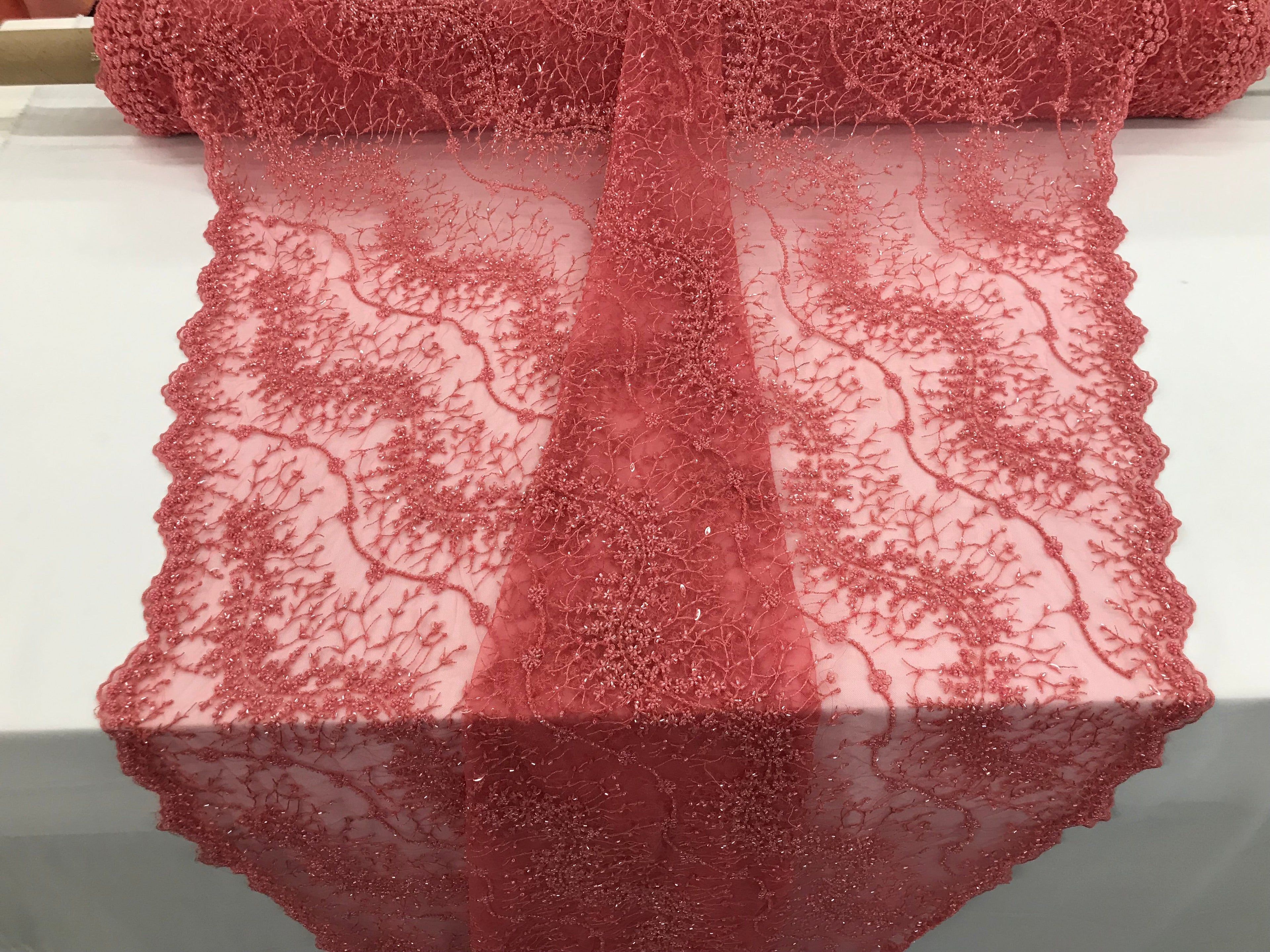 Coral Pink - Beaded Embroidery Wavy Flower Pattern Fabric Lace Elegant Dress Fabric By The Yard