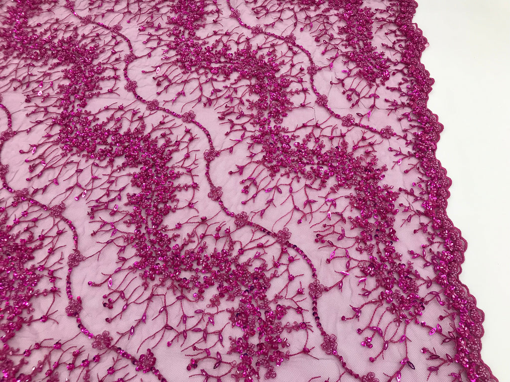Magenta - Beaded Embroidery Wavy Flower Pattern Fabric Lace Elegant Dress Fabric By The Yard