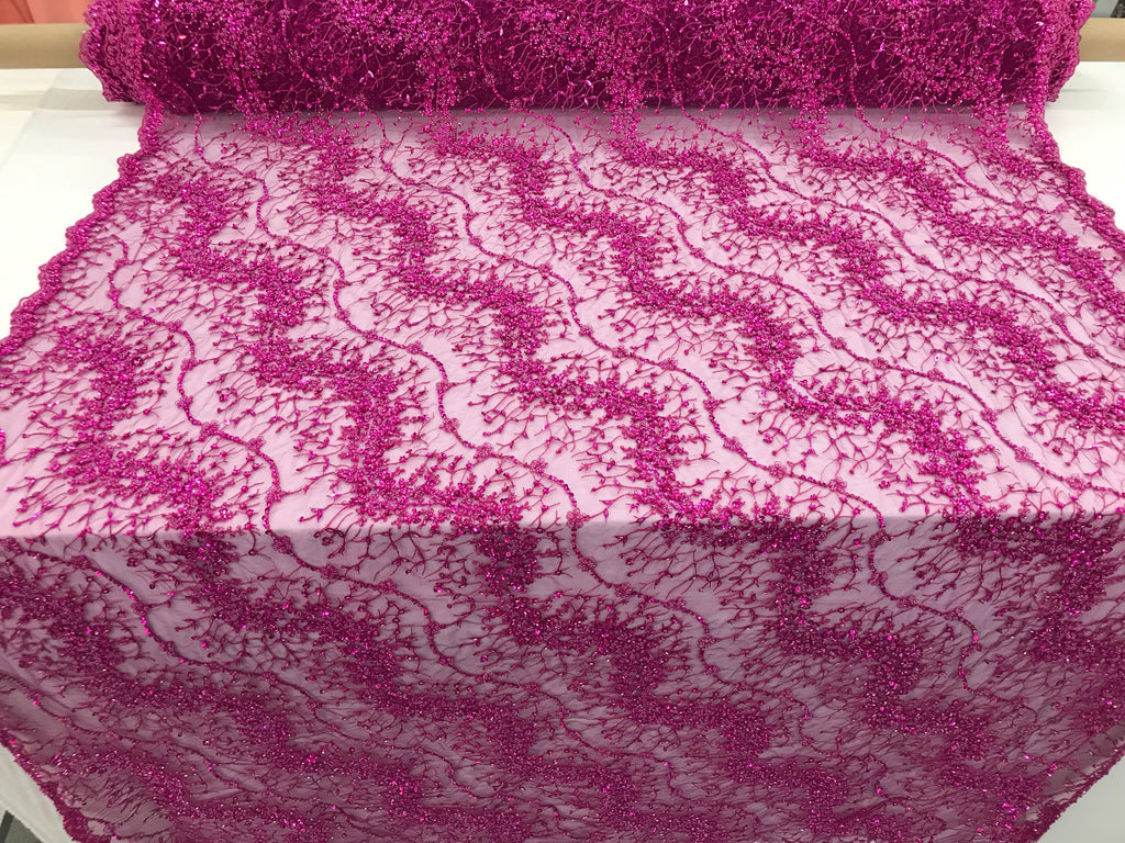 Magenta - Beaded Embroidery Wavy Flower Pattern Fabric Lace Elegant Dress Fabric By The Yard