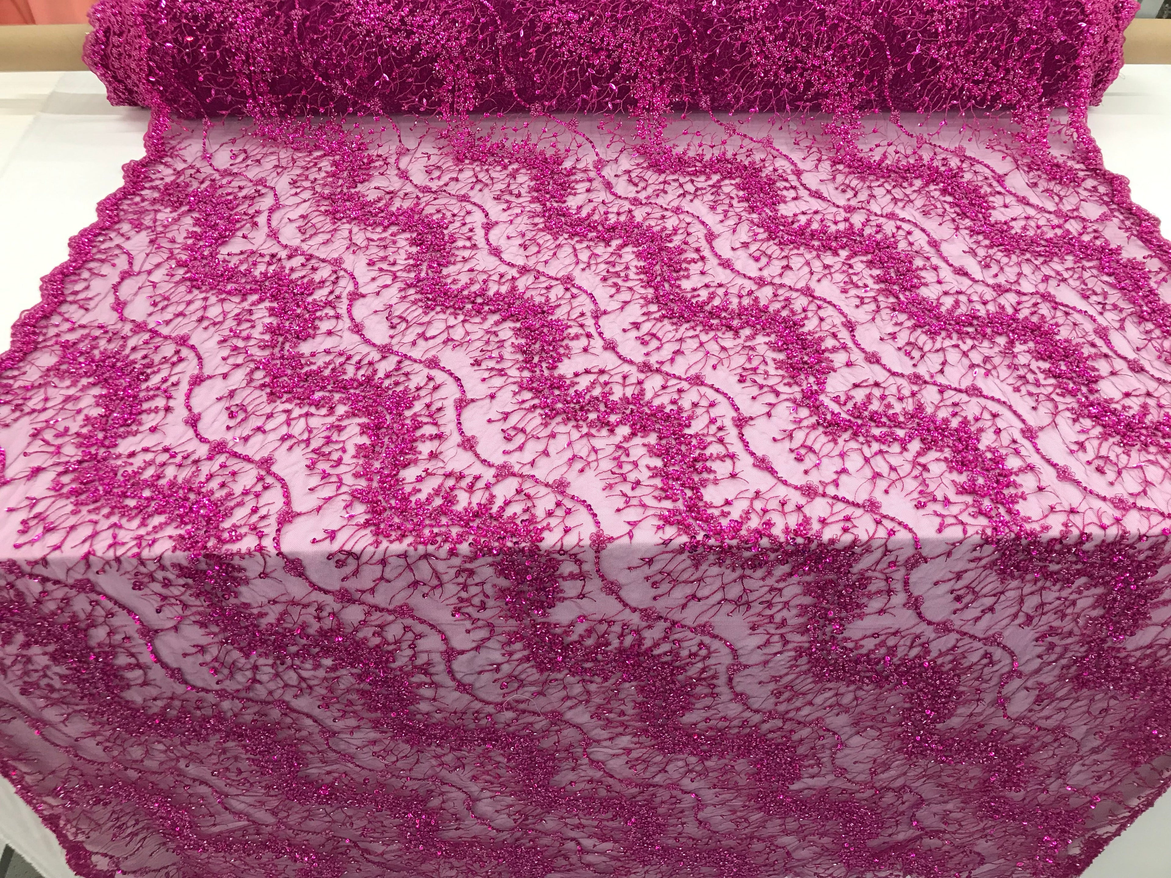 Magenta - Beaded Embroidery Wavy Flower Pattern Fabric Lace Elegant Dress Fabric By The Yard