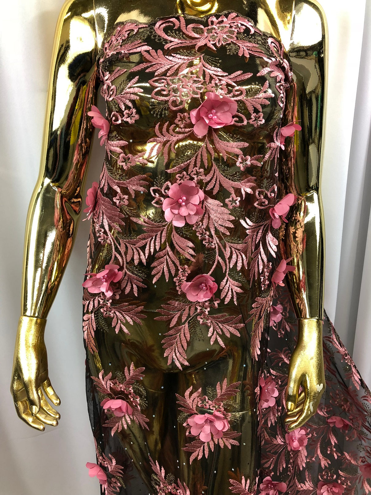 3D Embroided Flower Pattern Fabric with Two Tone Leaf Color Pink on Black Mesh Elegant Flowers 1YARD