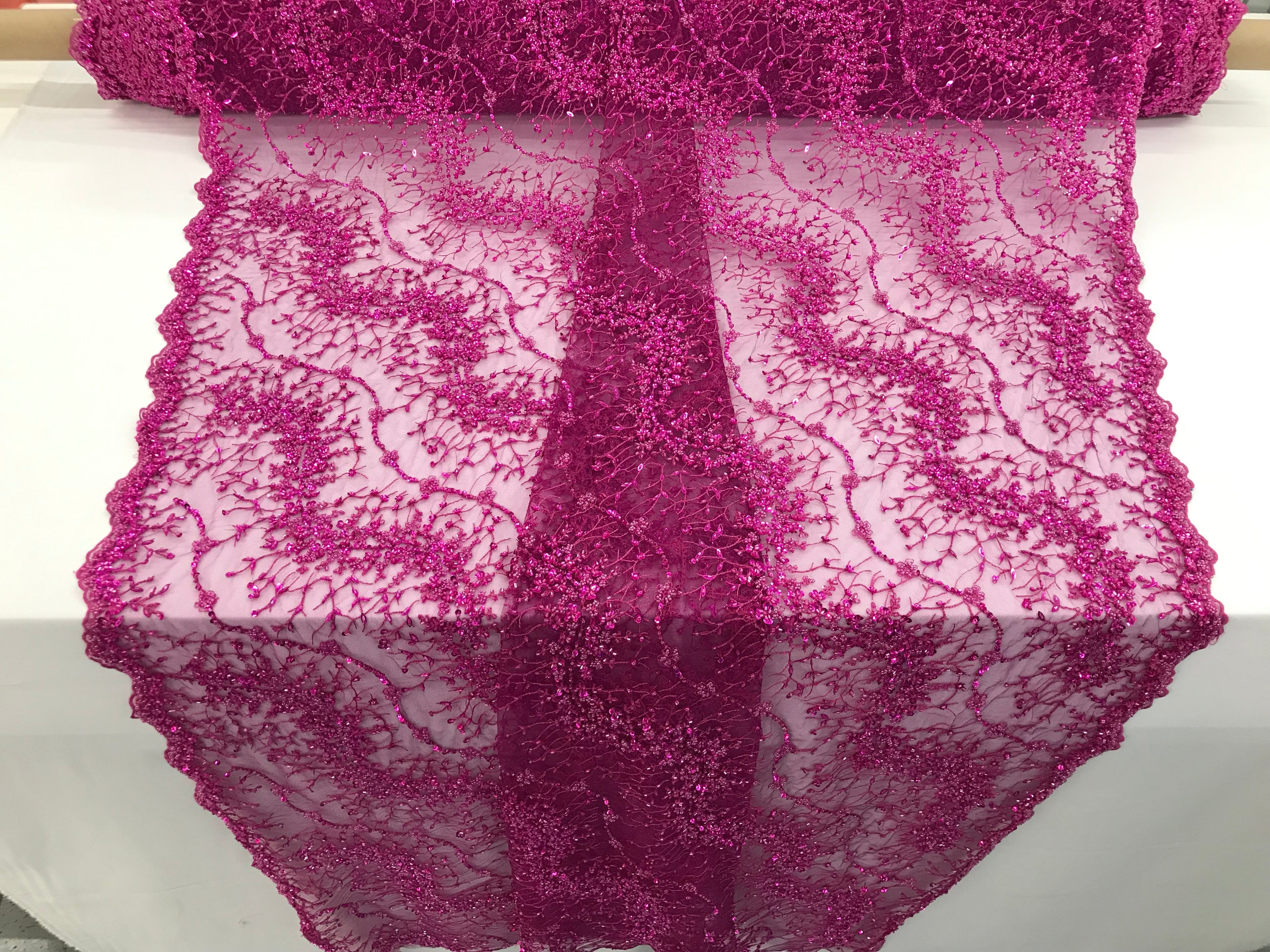 Magenta - Beaded Embroidery Wavy Flower Pattern Fabric Lace Elegant Dress Fabric By The Yard