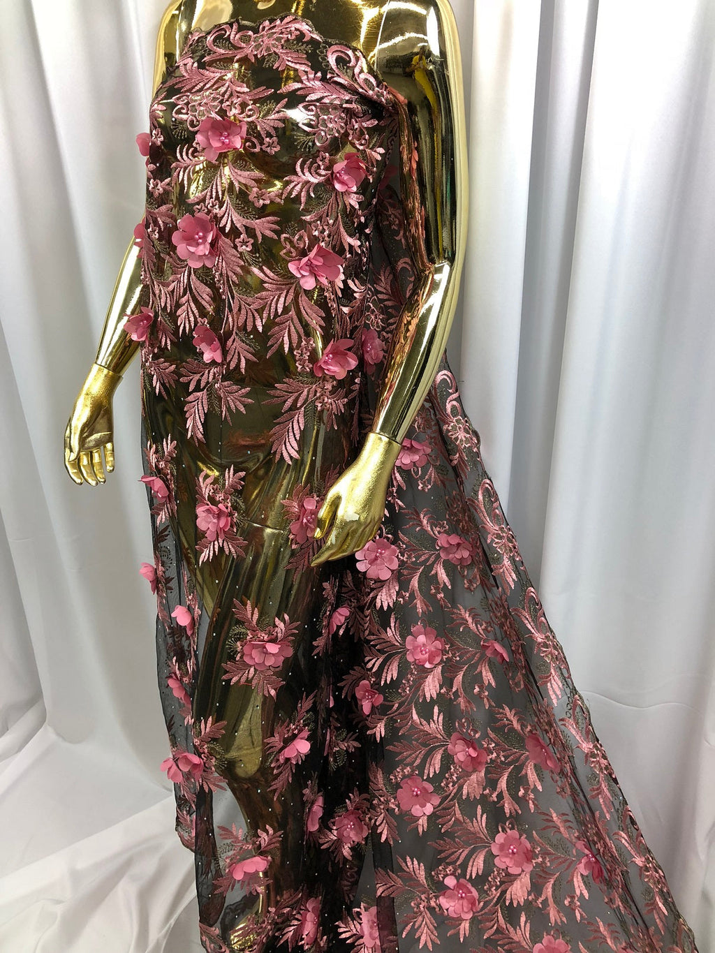 3D Embroided Flower Pattern Fabric with Two Tone Leaf Color Pink on Black Mesh Elegant Flowers 1YARD