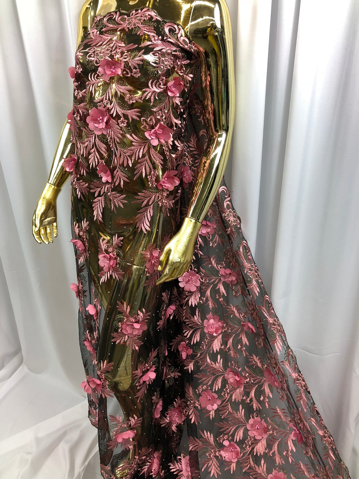 3D Embroided Flower Pattern Fabric with Two Tone Leaf Color Pink on Black Mesh Elegant Flowers 1YARD