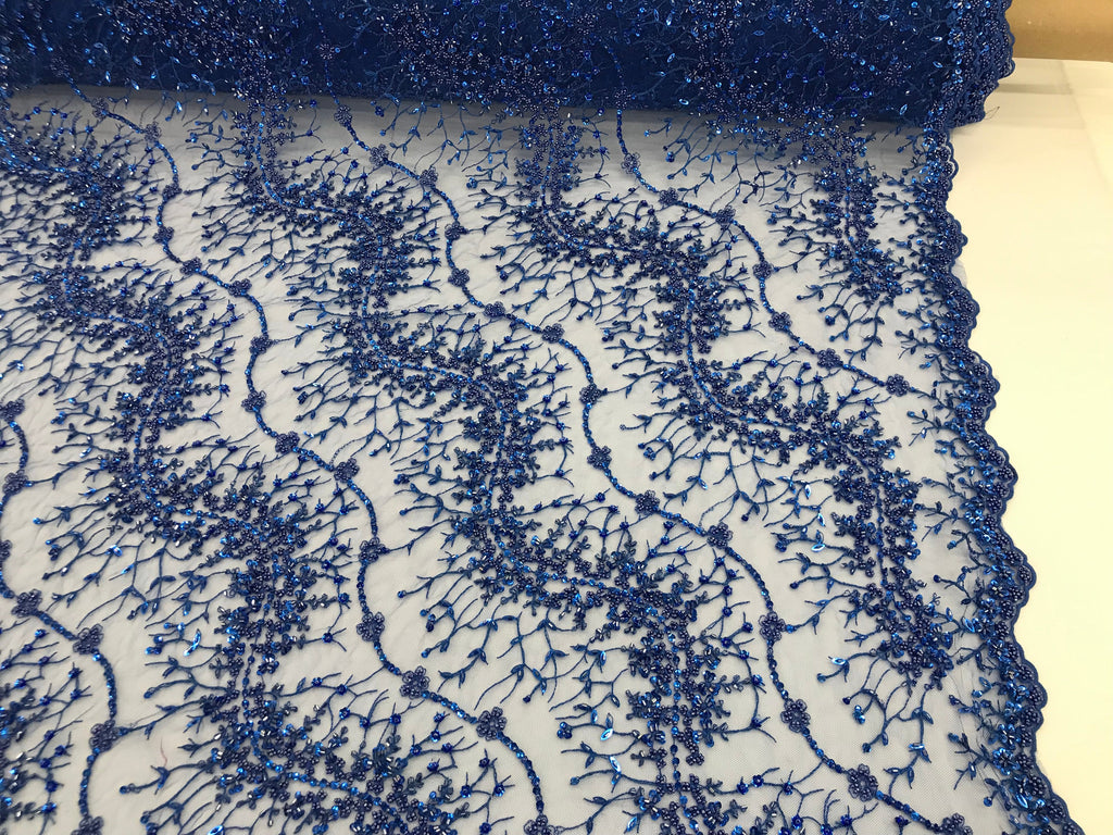 Royal Blue - Beaded Embroidery Wavy Flower Pattern Fabric Lace Elegant Dress Fabric By The Yard