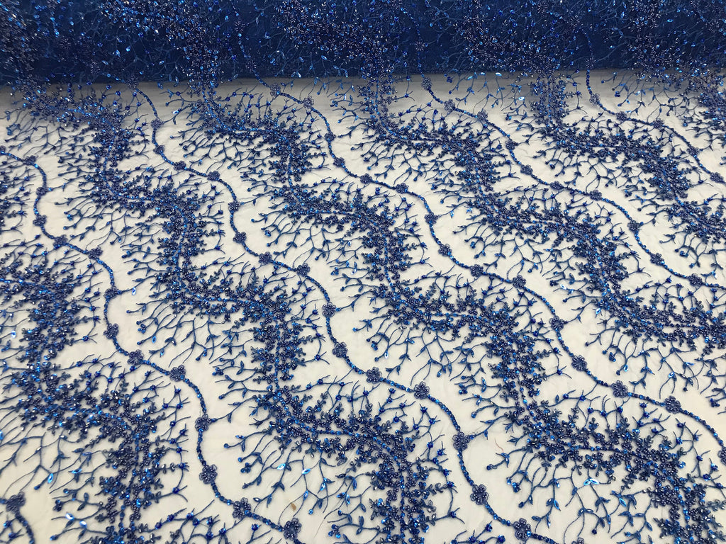 Royal Blue - Beaded Embroidery Wavy Flower Pattern Fabric Lace Elegant Dress Fabric By The Yard