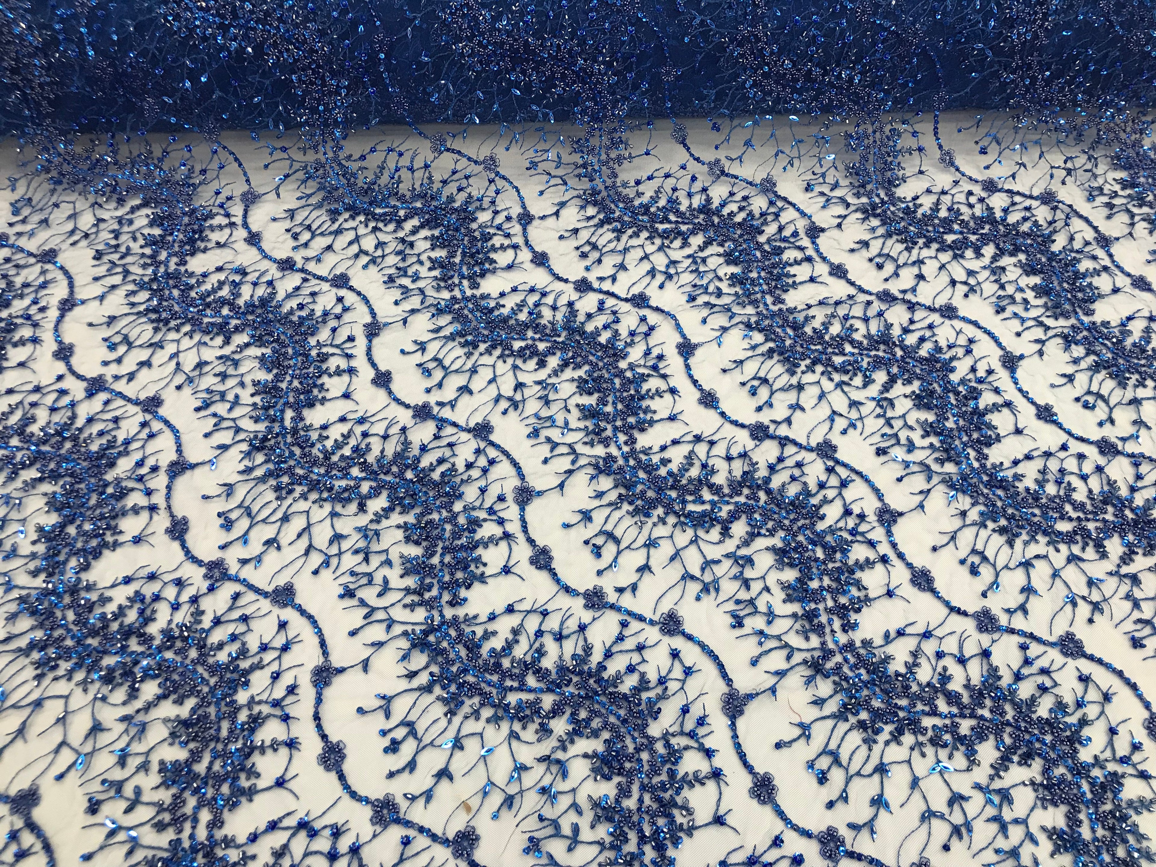 Royal Blue - Beaded Embroidery Wavy Flower Pattern Fabric Lace Elegant Dress Fabric By The Yard