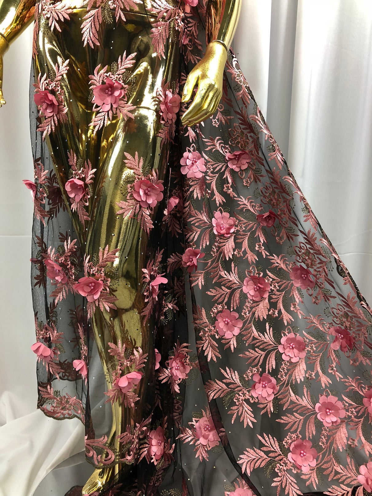 3D Embroided Flower Pattern Fabric with Two Tone Leaf Color Pink on Black Mesh Elegant Flowers 1YARD