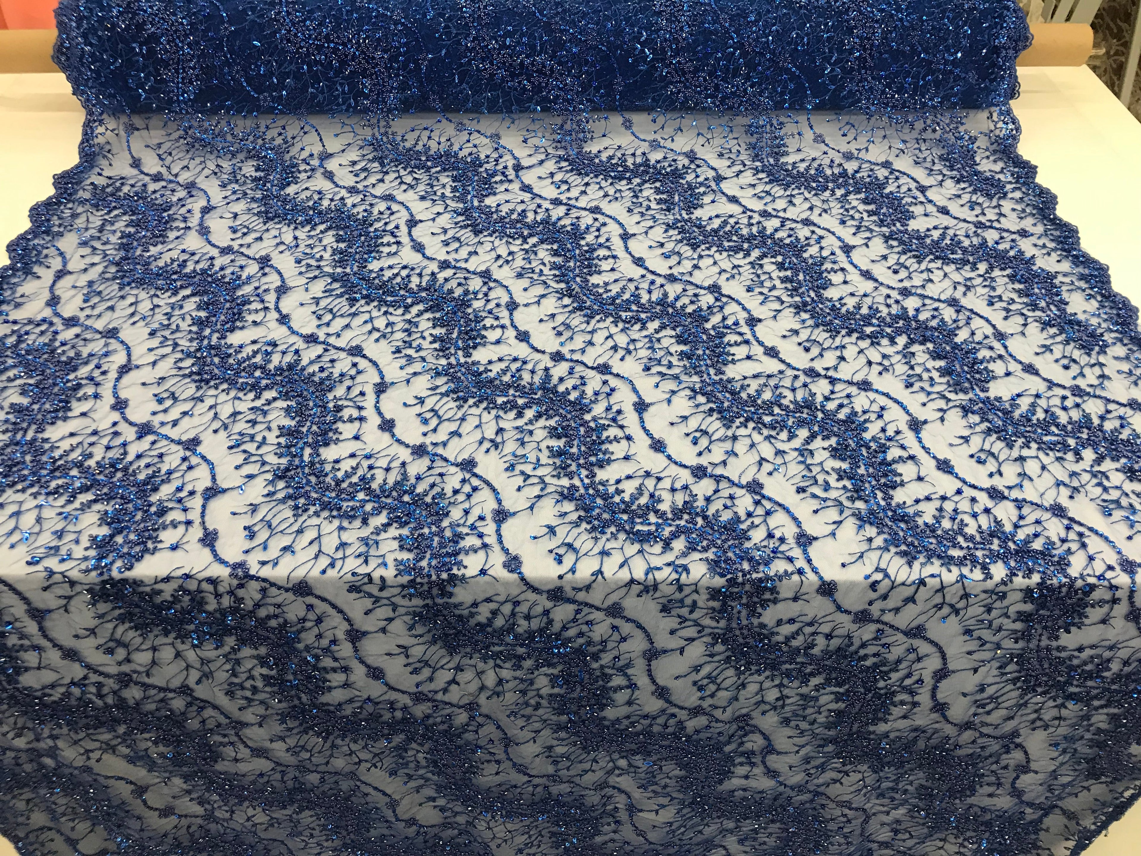 Royal Blue - Beaded Embroidery Wavy Flower Pattern Fabric Lace Elegant Dress Fabric By The Yard