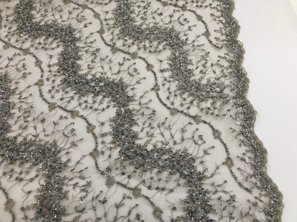 Silver - Beaded Embroidery Wavy Flower Pattern Fabric Lace Elegant Dress Fabric By The Yard