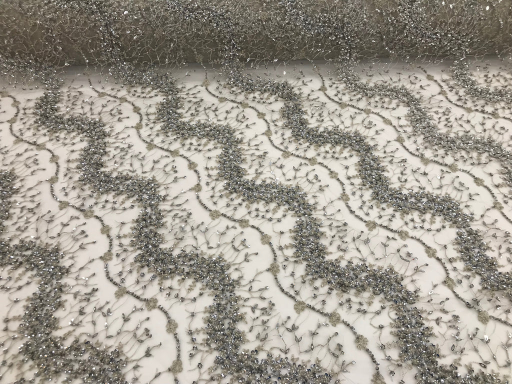 Silver - Beaded Embroidery Wavy Flower Pattern Fabric Lace Elegant Dress Fabric By The Yard